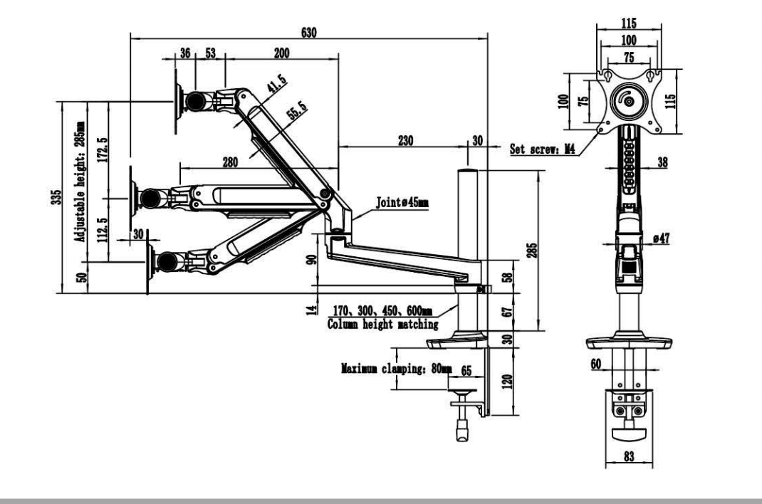 Zeichnung des Monitorarms MA600